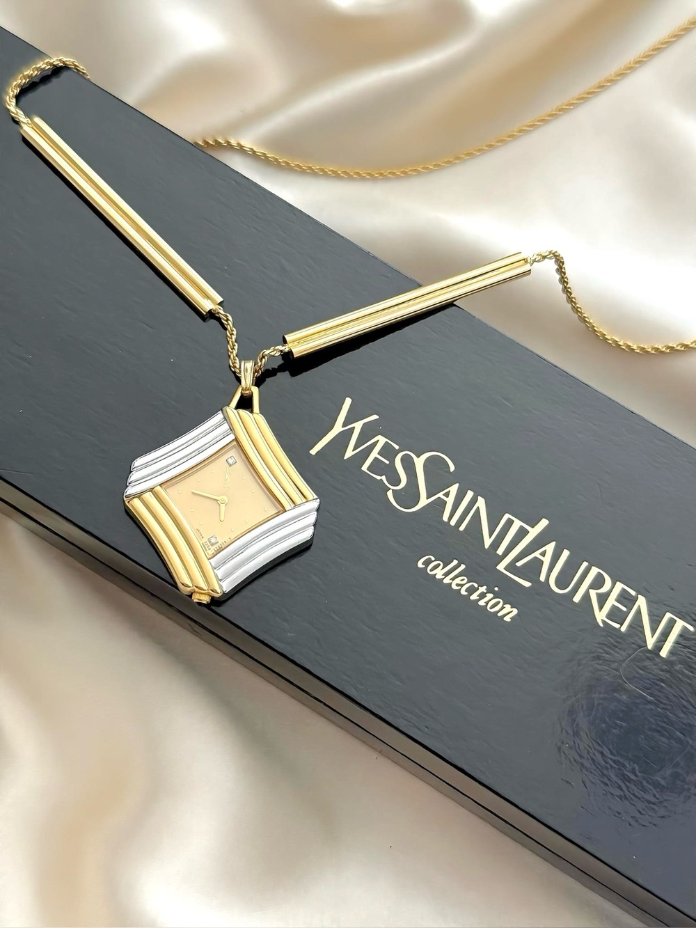 AUTHENTIC RARE VINTAGE YVES SAINT LAURENT TWO-TONED NECKLACE WATCH